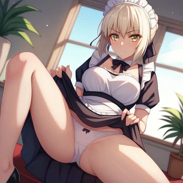 [Stable Diffusion] 張開雙腿 命運刀 Fate Saber Alter 撩起裙子 R18 褲子 注視觀眾 裙子 女傭制服 [插畫]