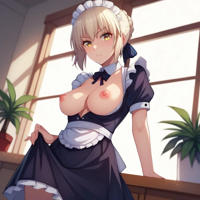 [Stable Diffusion] 乳房 命運刀 Fate Saber Alter 高品質 撩起裙子 乳頭 R18 團體性交 注視觀眾 裙子 女傭制服 [插畫]