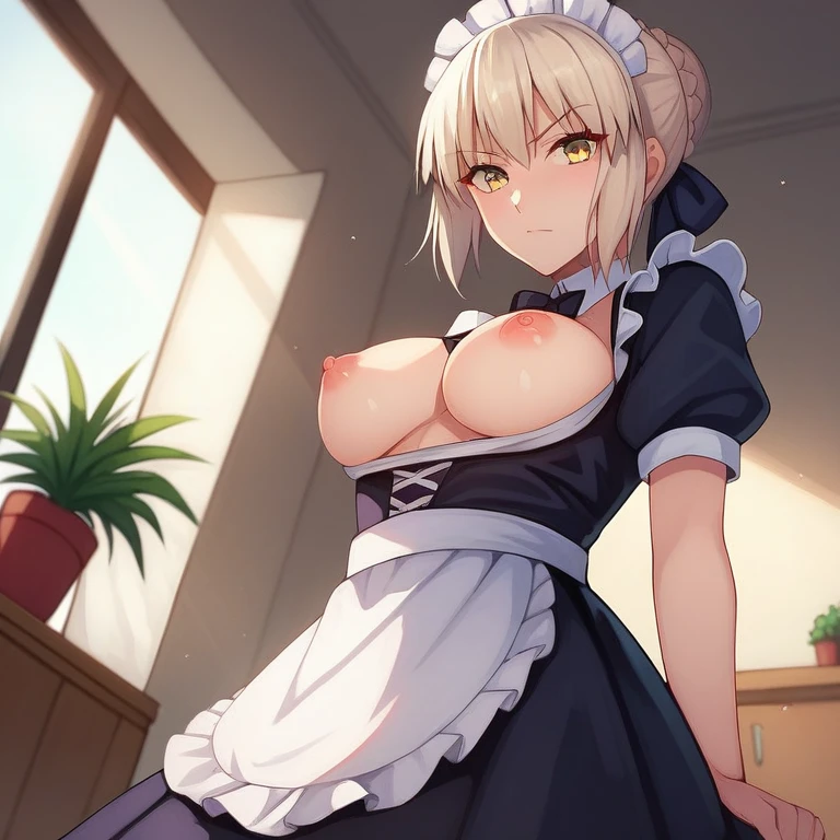 [Stable Diffusion] 乳房 命運刀 Fate Saber Alter 高品質 撩起裙子 乳頭 R18 團體性交 注視觀眾 裙子 女傭制服 [插畫]